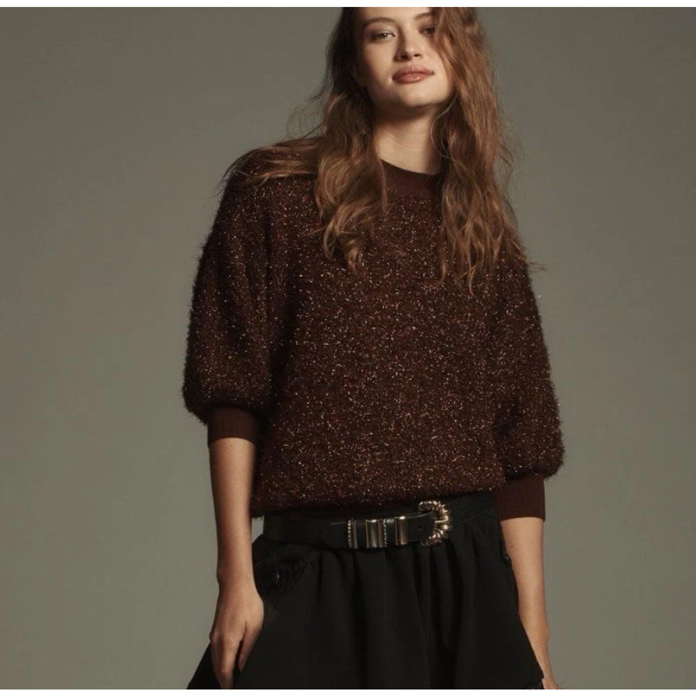 Maeve x Anthropologie Violetta Brown Sweater Womens Small Tinsel Shimmer